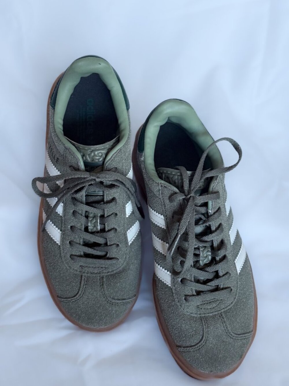 Adidas Gazelle Indoor — Olive Green Suede, Gum Sole SZ 7